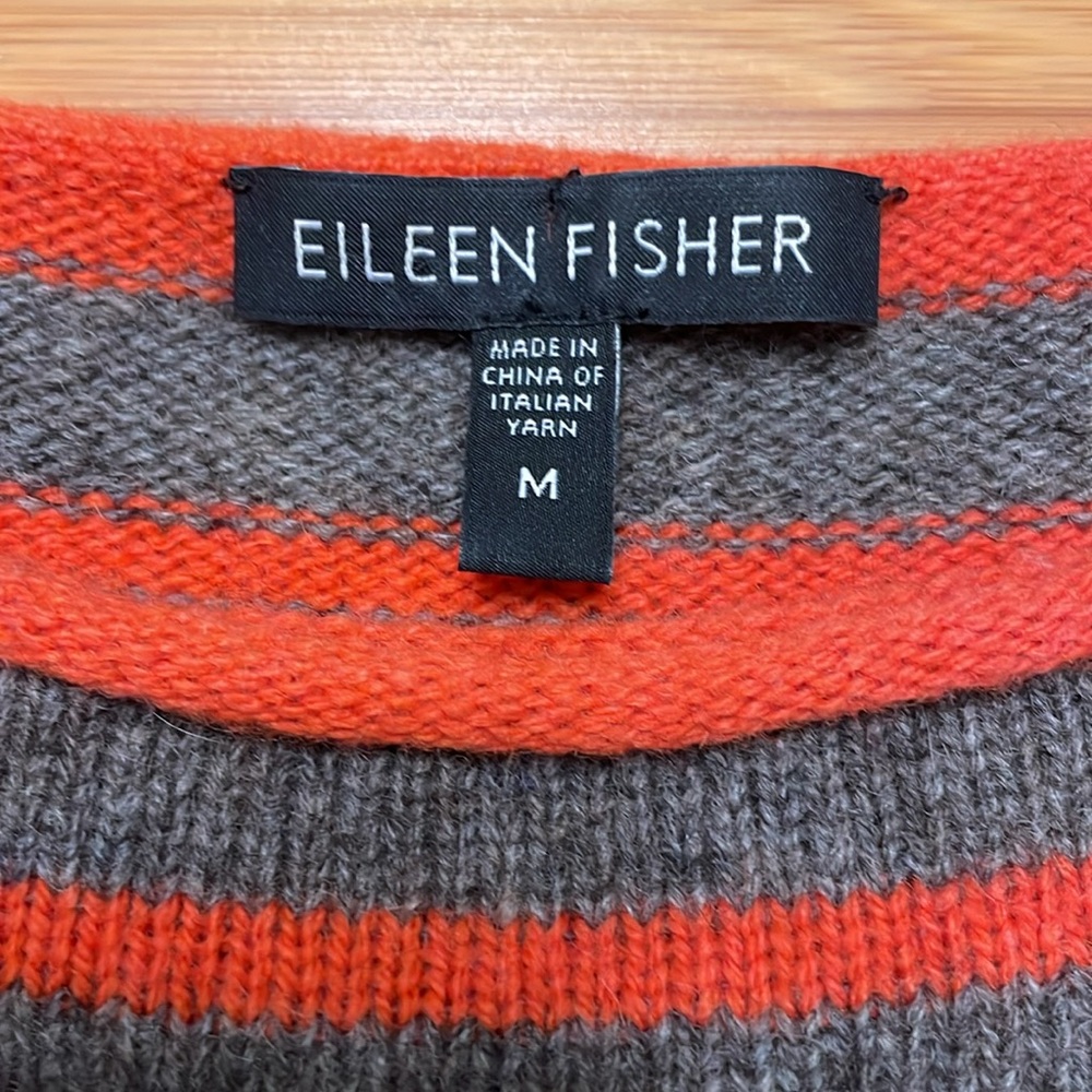 Eileen Fisher Wool Striped Sweater Size Medium 3/4 Sleeve Boxy Relaxed Boat Neck - Picture 9 of 13